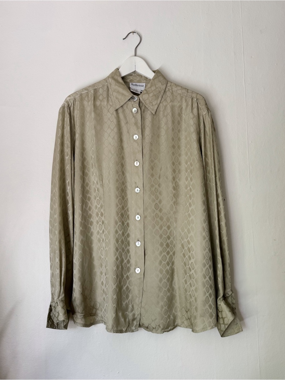 Sage Green 100% Silk Geometric Print Flowy Blouse